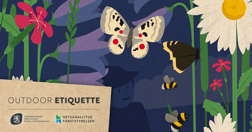 A hiker admiring flowers and insects