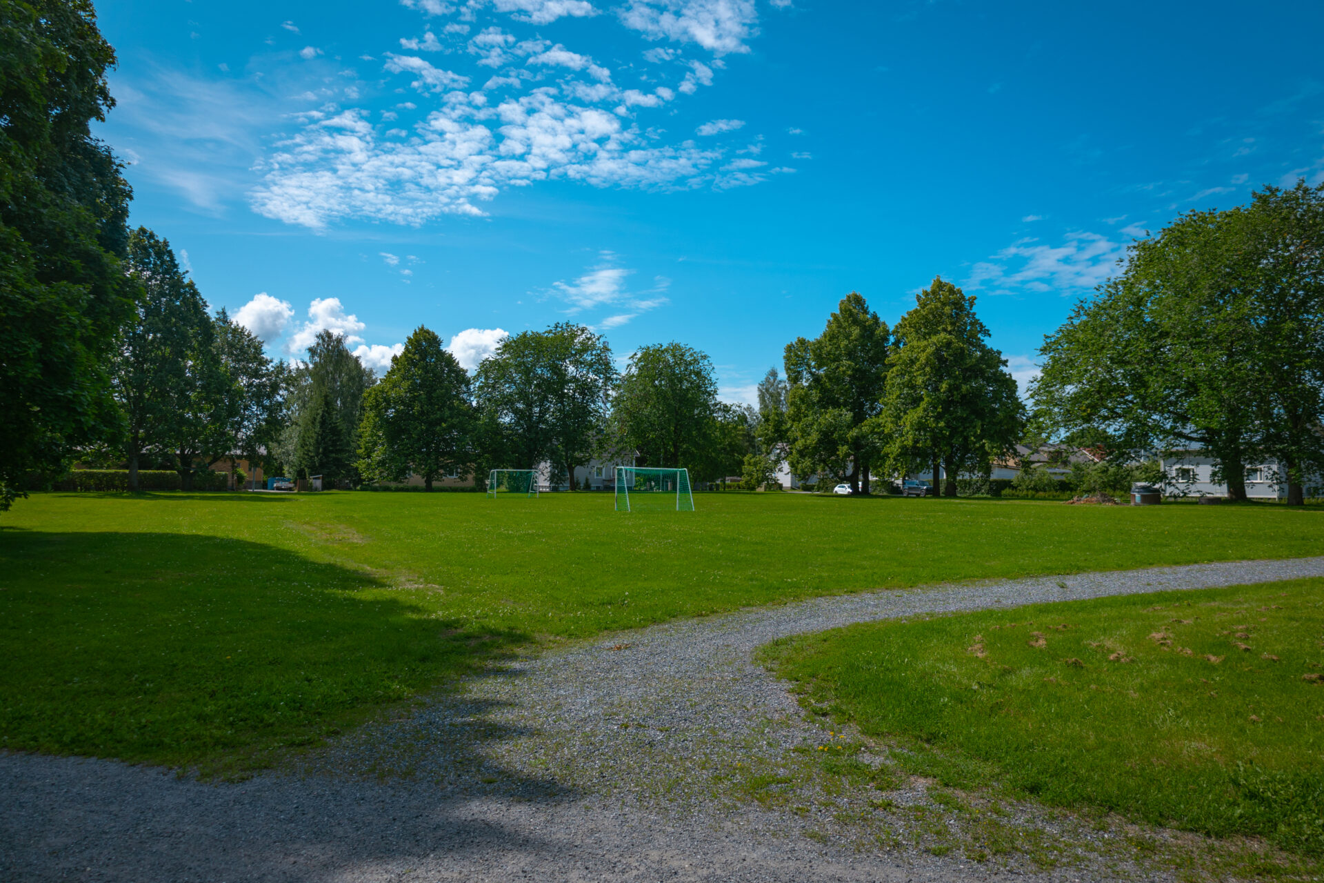 puisto, kaksi jalkapallomaalia, puita ja taloja