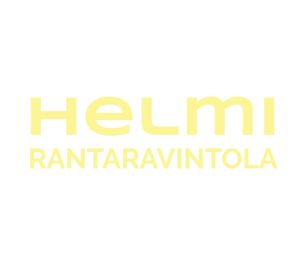 Helmi Rantaravintolan logo, keltaiset kirjaimet valkoisella pohjalla.