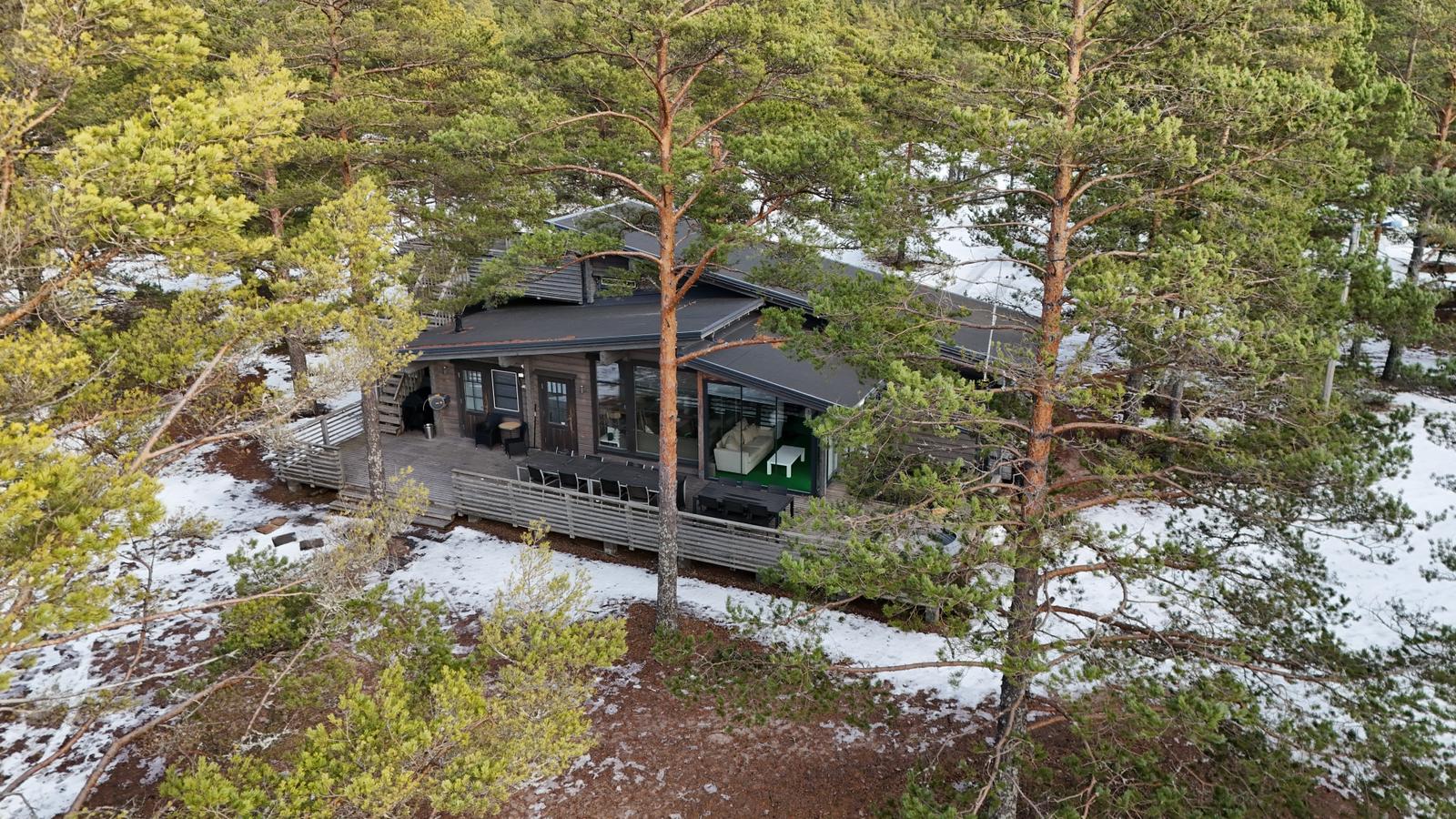 Villa Meriheinä ulkoa ilmakuva mäntyjen ympäröimänä.