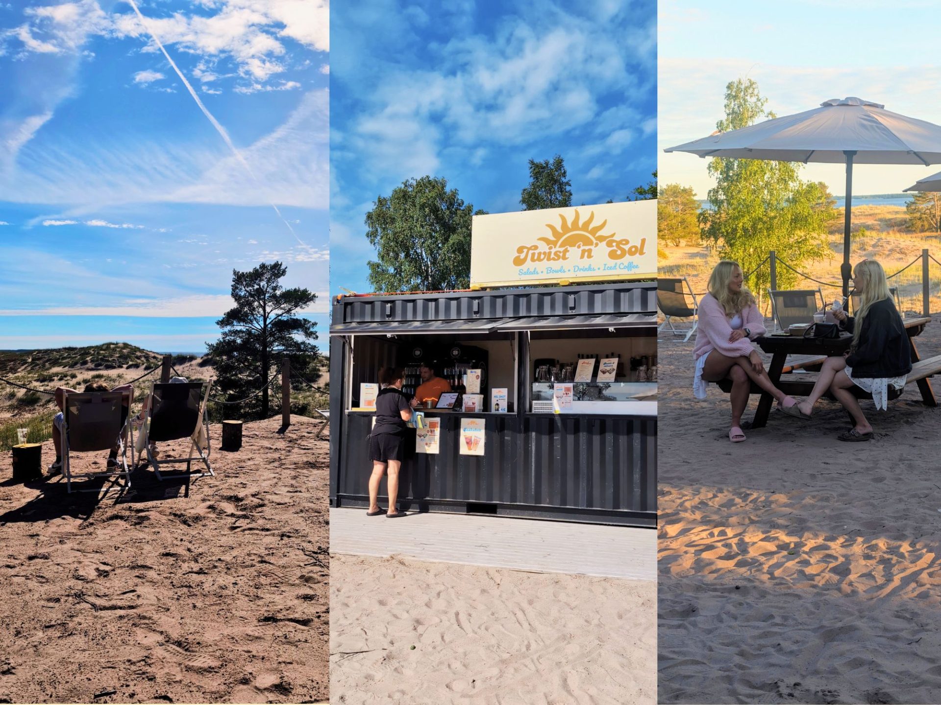 Rantaravintola Twist 'n' Sol kolmen kuvan koonti; kontti ulkoa, näkymä kohti rantaa ja kaksi asiakasta nauttimassa annoksista.