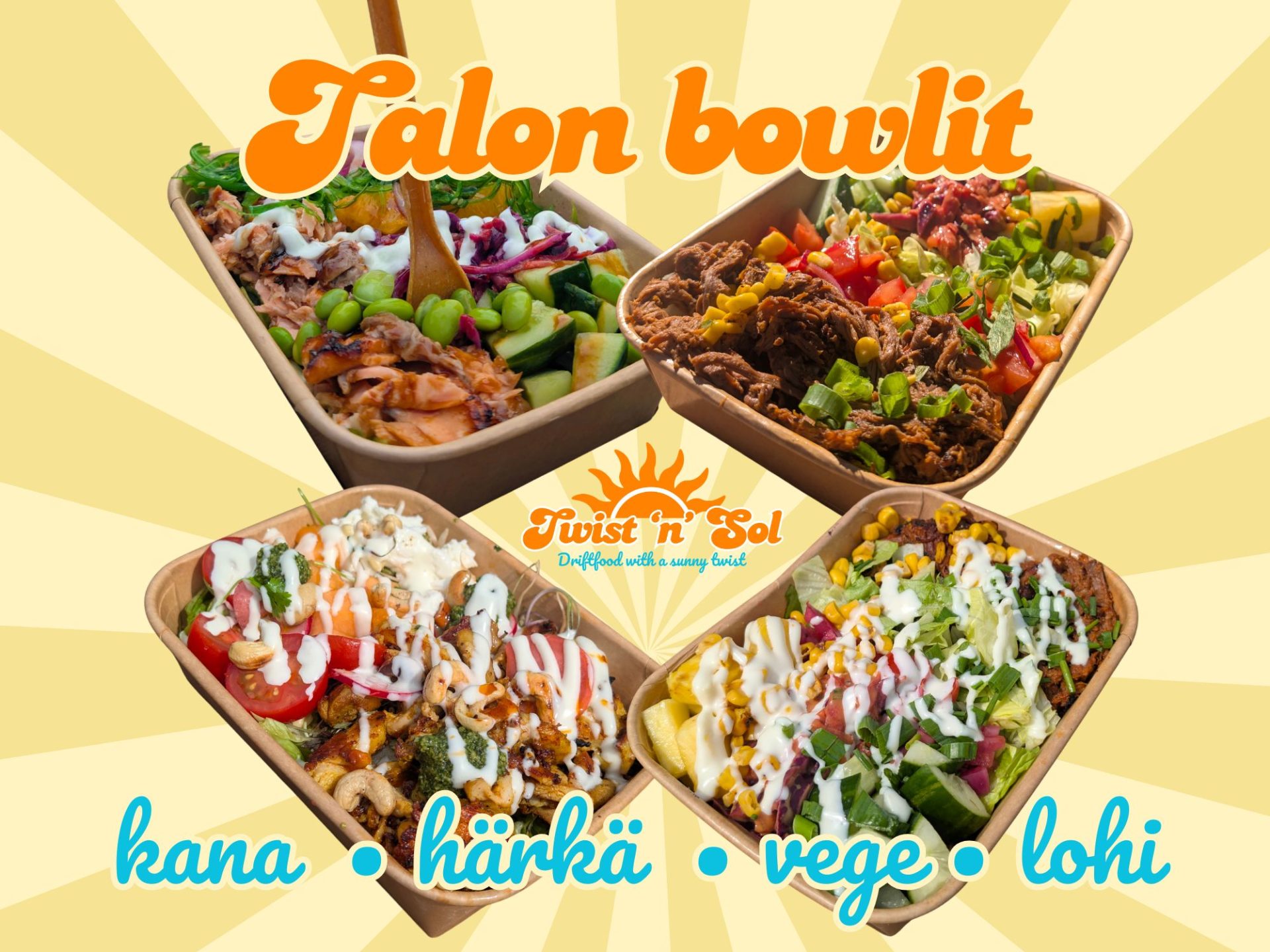 Twist 'n' Sol rantaravintolan talon bowlit kuten kana, härkä, vege ja lohi.